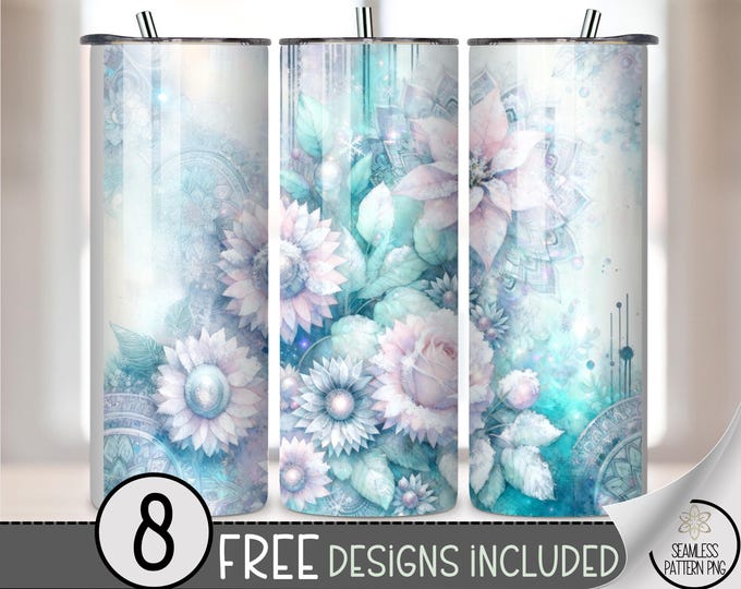 Frosty Flowers 20 oz Tumbler Wrap PNG, Winter Floral Design, Cozy Snow, Digital Download for Sublimation, A786