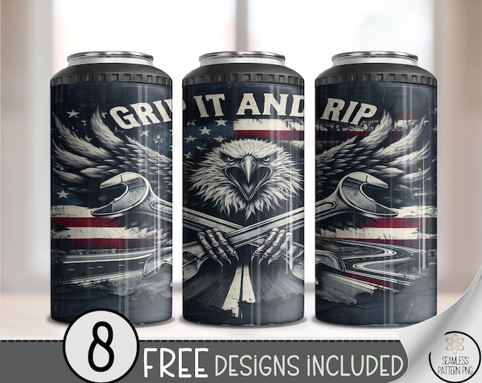 Grip It & Rip It Can Cooler Wrap, 4 in 1 Cooler American Flag Design, 16 oz Mechanic Can Cooler Wrap PNG File, Can Cooler Wrap For Guy, A456
