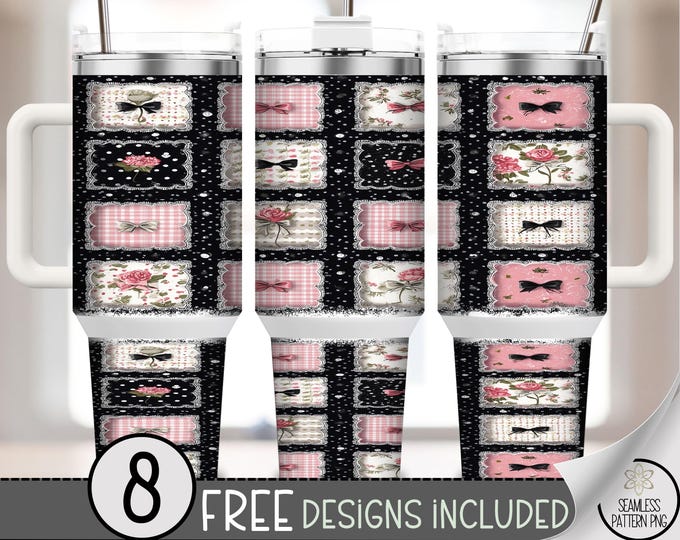 Faux Patchwork 40 oz Tumbler Wrap, Coquette Bows Sublimation Design, Romantic Shabby-Chic PNG Files, Vintage 40oz Tumbler Design B10018