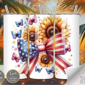 Kroket strik zonnebloem 20oz magere beker wrap, sublimatie ontwerp, digitale download png, Amerikaanse beker wrap png, beker van 4 juli