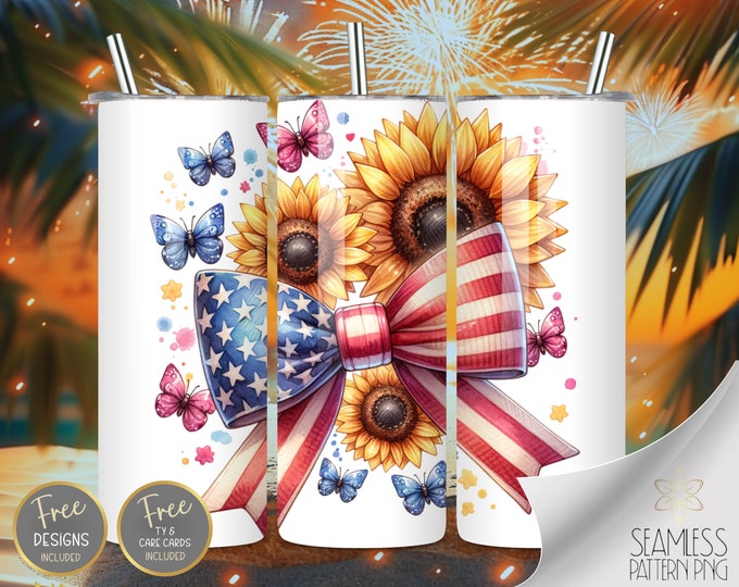 Croquette Bow Sunflower 20oz Skinny Tumbler Wrap, Sublimation Design, Digital Download PNG, American Tumbler Wrap PNG, 4th of July Tumbler