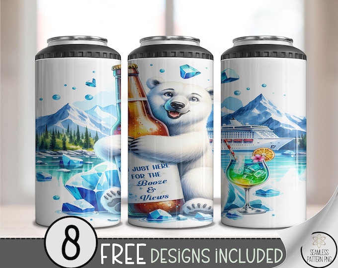 Polar Bear 4in1 Can Cooler Wrap, Alaska Alcohol Cruise File, Winter Wonderland Design, 4-in-1 Drink Sleeve, 16 oz Cruise Ready, A417