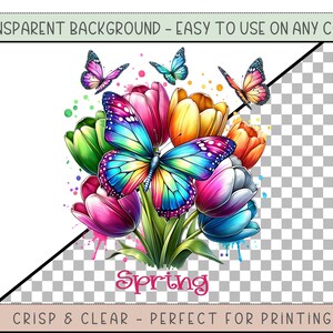 May include: A colorful bouquet of tulips with a large iridescent butterfly in the center. The tulips are pink, yellow, green, and blue. The butterfly has blue, green, and yellow wings. The background is transparent. The word "Spring" is written in pink below the bouquet.
