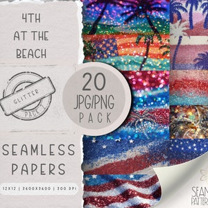 Digitale glitter 4e op het strand naadloze patroon JPG PNG-bundel, streepsublimatiebestand, helder 4 juli herhalend pakket commercieel gebruik