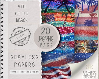 Digital Glitter 4th At The Beach Seamless Pattern JPG PNG Bundle, Stripe Sublimation File, Bright 4th of July Repeating Pack Commercial Use
