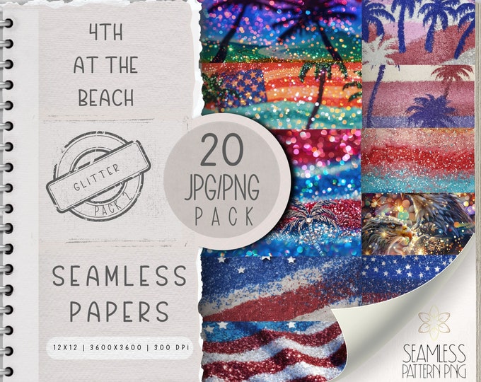 Digital Glitter 4th At The Beach Seamless Pattern JPG PNG Bundle, Stripe Sublimation File, Bright 4th of July Repeating Pack Commercial Use