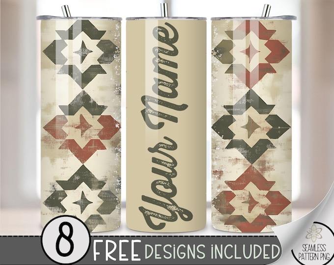Add Your Own Name Faded Southwestern Tumbler Wrap, 20 oz Aged Western Tumbler File, Digital Aztec Tumbler Wrap Design Download, Boho Cowgirl