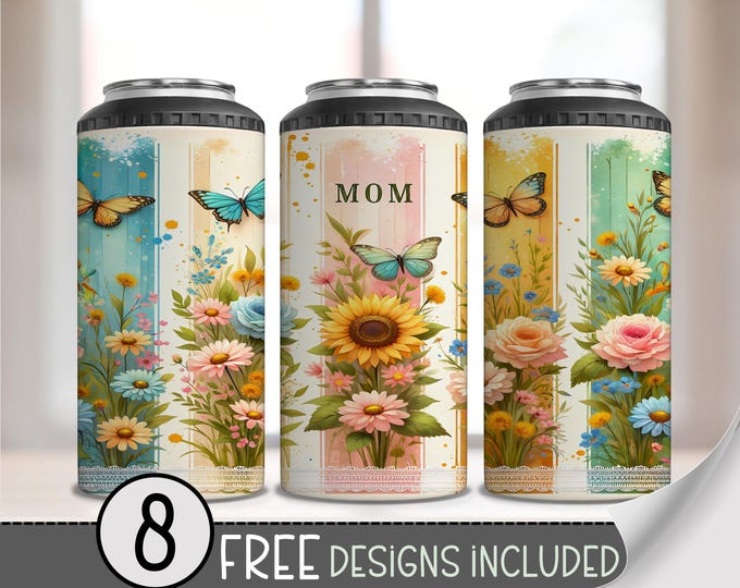 Mom 4 in 1 Can Cooler Wrap, Boho Mother 4in1 Tumbler PNG, Floral Butterfly PNG 16oz Sublimation Design, Summer Can Wrap, Rose PNG A207