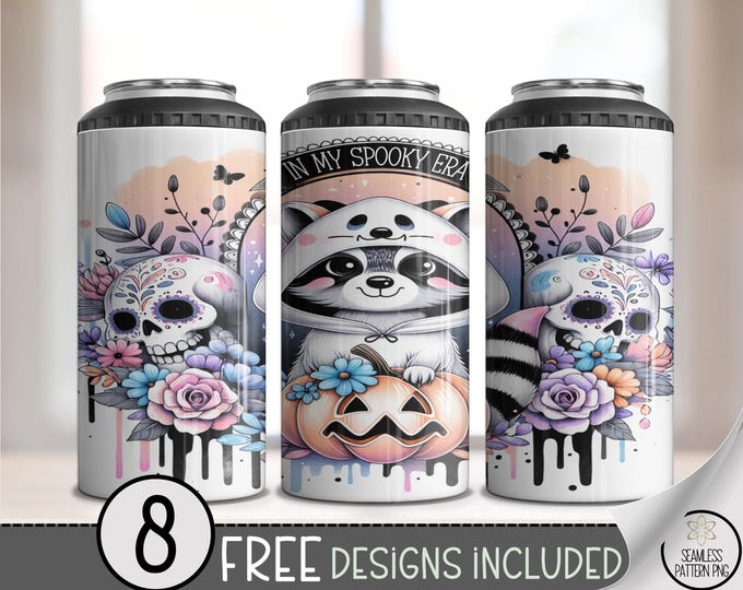 Gothic Halloween Can Cooler Wrap, Spooky Raccoon & Sugar Skulls Sublimation Design, 4 in 1 Can Sleeve, Pastel Goth Can Cooler PNG, A447