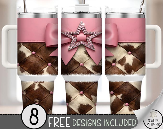 Pink Leather Cowhide PNG, Pink Ribbon Bow 40 Oz Tumbler Wrap, Coquette Bow Sublimation Design, Digital Download, B984