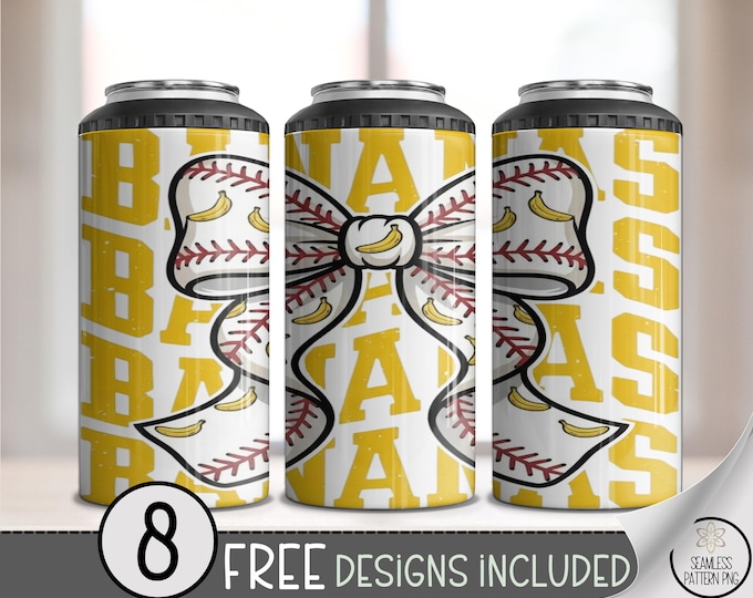 Banana Baseball 4in1 Can Cooler Wrap, Play Ball PNG Sublimation Design, Preppy Png 16 oz 4-in-1 File, B10204