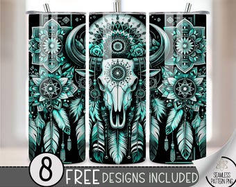 Aztec Cow Skull Tumbler Wrap, Southwest 20oz Skinny Tumbler Sublimation Design, Western Tumbler Wrap File, Seamless Digital Download PNG