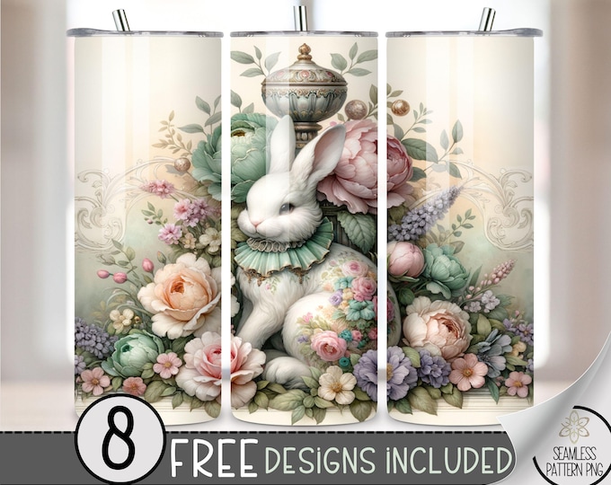 Rococo Easter Tumbler Wrap, Shabby Chic 20oz Skinny Tumbler Sublimation Design, Easter Bunny Tumbler Wrap File PNG, Grand Millennial Easter