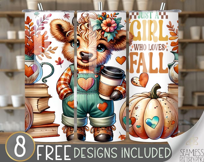 Just A Girl Who Loves Fall 20 oz Skinny Tumbler Sublimation Design, Highland Cow Tumbler Wrap, Cow Tumbler Wrap, Instant Download