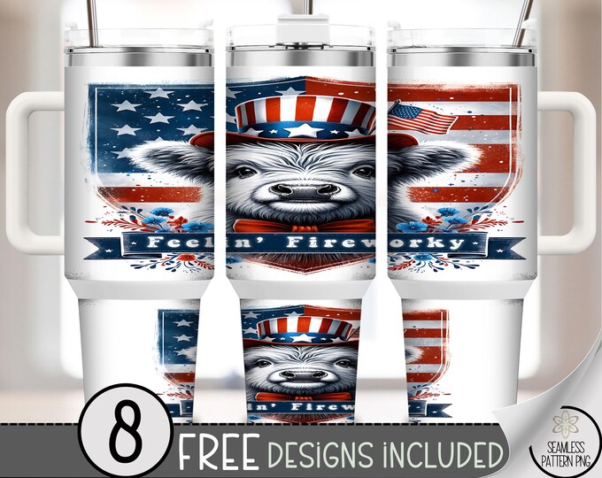Feelin’ Fireworky Highland Cow 40 oz Tumbler Wrap, Patriotic Red White Blue Sublimation Design, 4th of July 40oz Design, Cute Cow PNG, A301