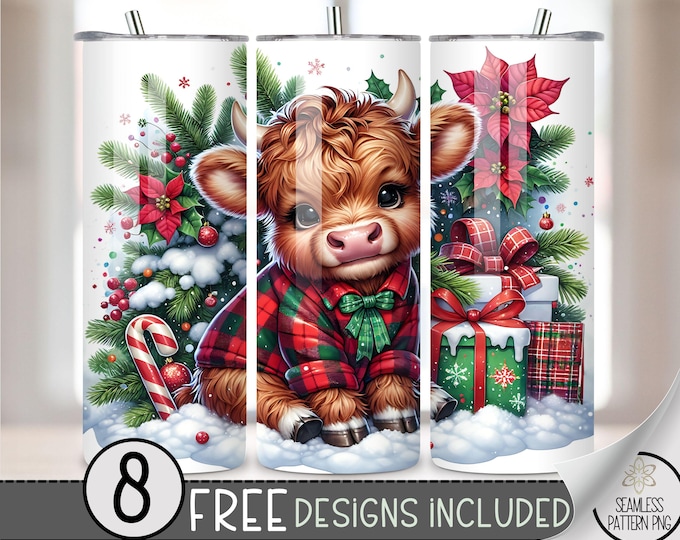 Cute Highland Cow Tumbler Wrap, Xmas 20oz Tumbler Sublimation Design, Christmas Rustic Country Tumbler, Red Buffalo Check Tumbler Wrap