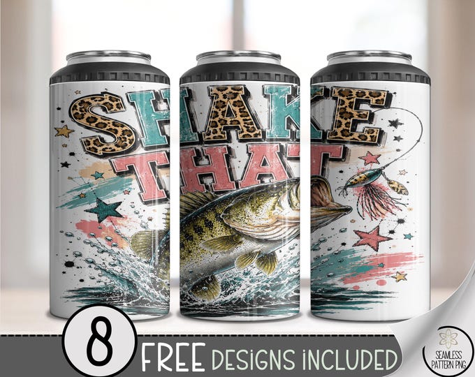 Fishing 4-in-1 Can Cooler Wrap, Shake That Sublimation Design, Bass Fish 16 oz, Digital Download, B10361