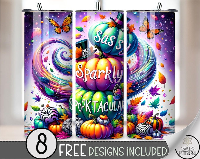 Halloween Pumpkin 20 oz Tumbler Wrap, Sassy Sparkly Spooktacular Design, Colorful Autumn 20oz Tumbler Sublimation Design, A449