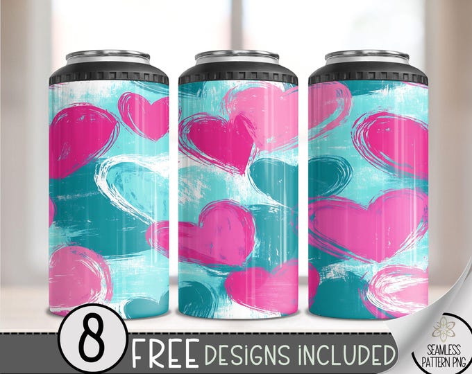 Seamless Valentine's Day 4 in 1 Can Cooler Wrap, Cute Heart 4in1 Tumbler PNG, Heart Pattern 16 Oz Can Cooler Sublimation Design, Vday Love