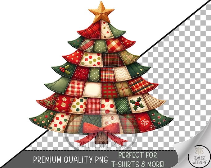Christmas Tree Sublimation Design, Xmas UV DTF Graphic, Festive Patchwork Clip Art, Vintage Holiday Design, A725