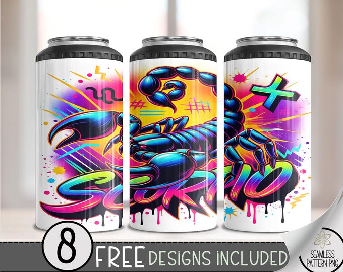 Neon Zodiac 4 in 1 Can Cooler Wrap, Scorpio 16 Oz 4in1 Tumbler Sublimation Design Astrology Sign, Zodiac Signs Can Wrap PNG Download