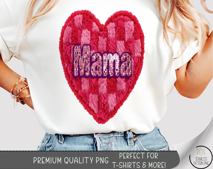 Checkered Heart T-shirt PNG, Mama Sublimation Design, Faux Yarn TShirt File, Retro Valentine DTF Shirt Graphic, A820