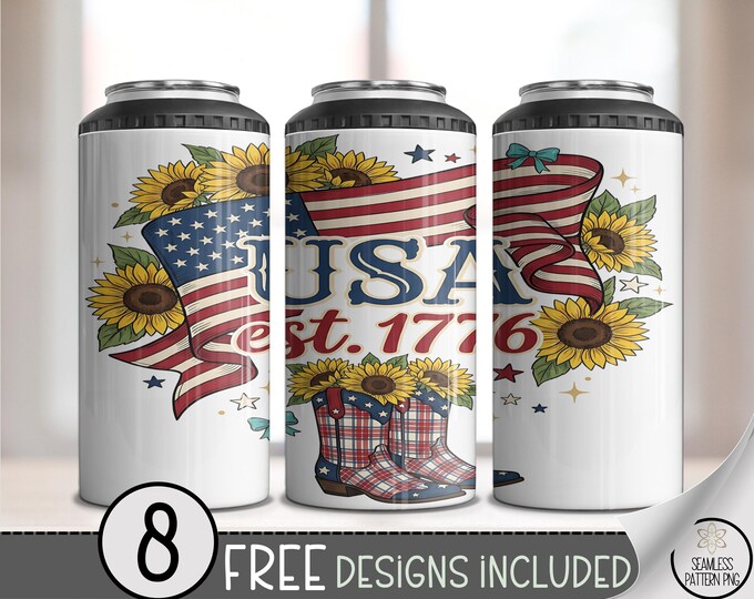 Patriotic Americana 4in1 Can Cooler Wrap, USA est 1776 Sublimation Design, Cowgirl Boots 16 oz 4-in-1 File with Sunflowers B10149
