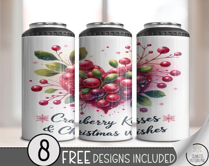 Christmas Kisses 4-in-1 Can Cooler Wrap PNG, Festive Digital Download, 16 oz Sublimation Cranberry Holiday, A613