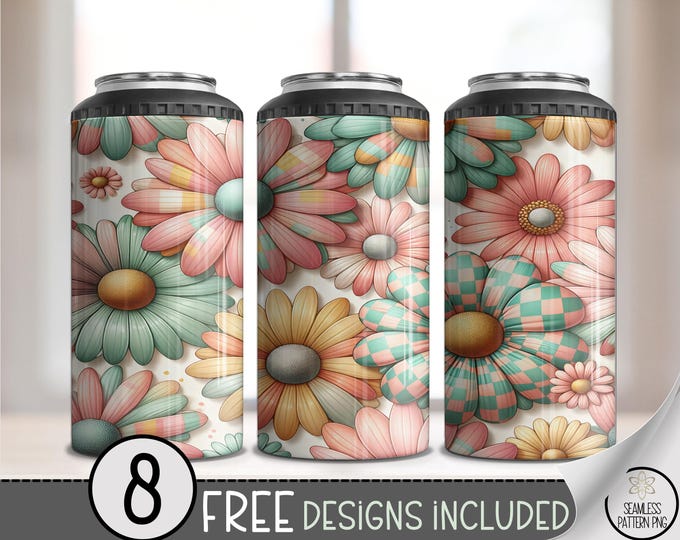 Seamless Daisy 4in1 Can Cooler Wrap, Floral Sublimation Design, retro Spring 16 oz 4-in-1 File, Vintage Pastel Flower Pattern A781