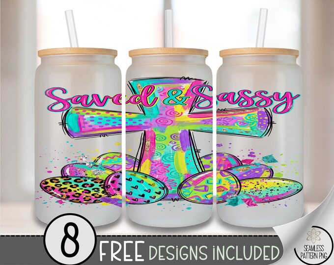 Easter PNG, Bright Neon-Pastel Christian Sublimation Design For 16Oz Glass Tumbler, Digital Download, B896