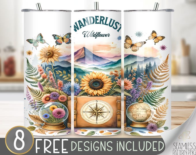 Travel Tumbler Wrap, Seamless 20oz Skinny Tumbler Sublimation, Vacation Tumbler, Holiday Tumbler, Adventure Tumbler, Wanderlust Wildflower