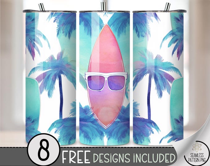 Tropical Surfboard Tumbler Wrap PNG, 20 oz Skinny Summer Cup Design, Palm Tree Watercolor Sublimation, Beach Lover Drink Wrap A294