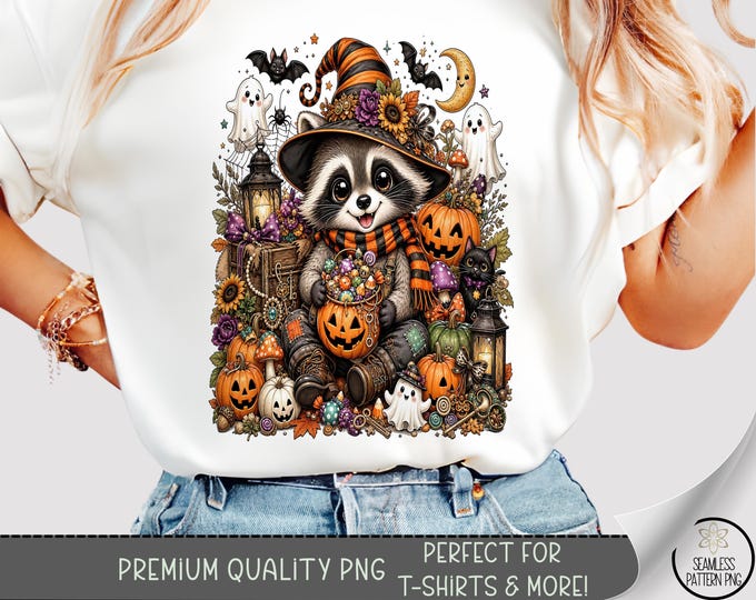 Halloween Raccoon Witch Hat T-Shirt PNG Sublimation Design, Digital Download, B10413