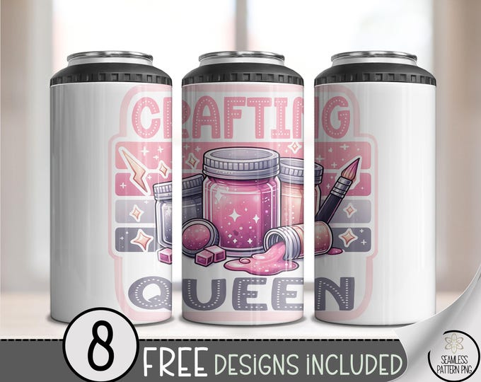 Crafting Queen 4-in-1 Can Cooler Wrap PNG, Cute Pink Glitter Craft Jar and Brush Sublimation, For DIY Crafters, Makers & Craft Fair, A337