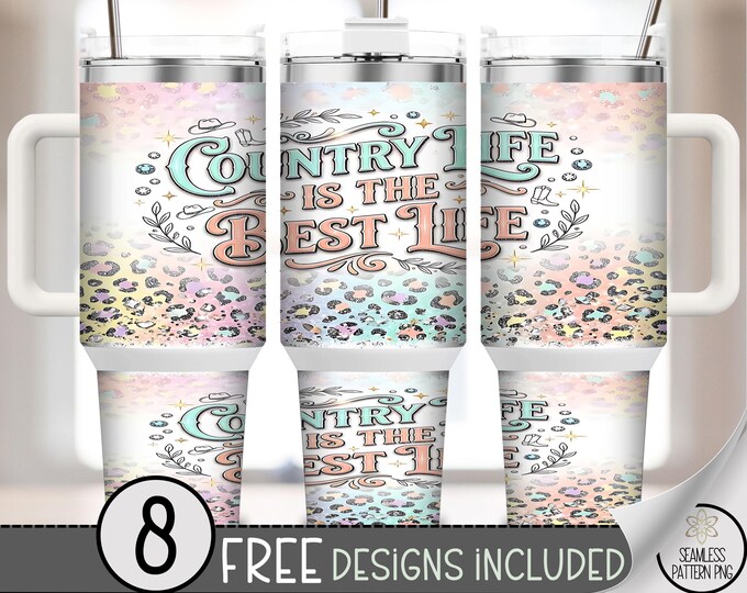 Country Life 40 oz Tumbler Wrap, Pastel Leopard Sublimation Design, Glittery PNG File, B10158