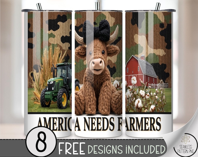 America Needs Farmers 20 oz Tumbler Wrap PNG, Tractor Farming Digital Download, Knitted Cow Sublimation Design, A783