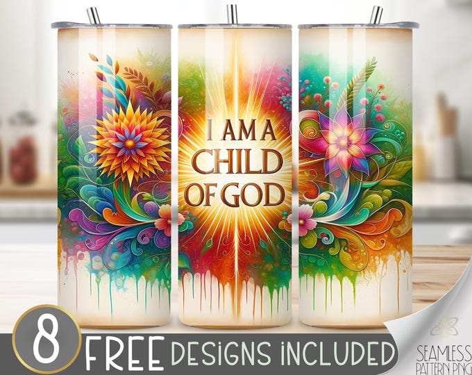 Child Of God Tumbler Wrap PNG, Religious 20 oz Tumbler, Christian Bible Tumbler Design, Rainbow Abstract Flower Tumbler Sublimation Design