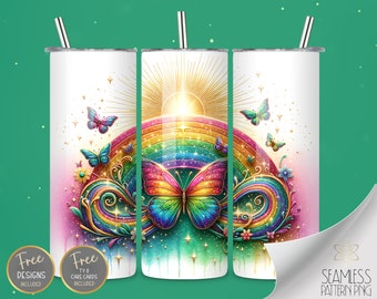 Watercolor Rainbow Butterfly Tumbler Wrap, 20 oz Skinny Sublimation Wrap, Vibrant Glitter Wrap, Straight Template, Instant Download PNG