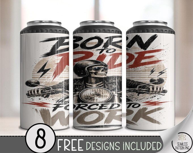 Skeleton Biker 4-in-1 Can Cooler Wrap, Born to Ride Sublimation Design, Digital Download, B10499
