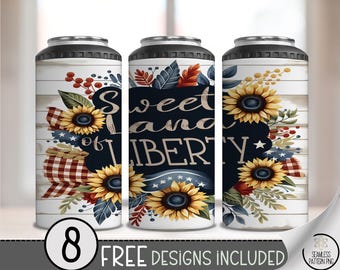 Sweet Land of Liberty 4-in-1 Can Cooler PNG, Patriotic Sunflower Buffalo Plaid Sublimation Wrap, Rustic Summer Americana 4 in 1 Design A242