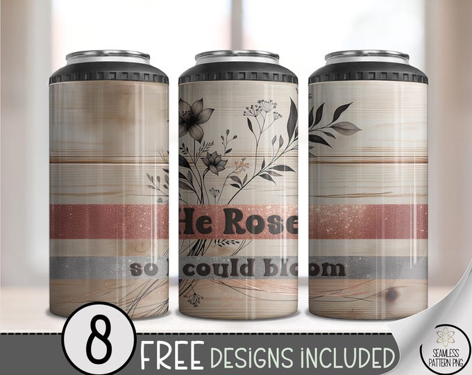 He Rose So I Could Bloom 4-in-1 Can Cooler Wrap PNG, 4in1 Christian Sublimation Design with Floral Line Art & Glitter Stripes, A321