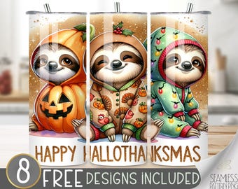 Happy Hallothanksmas Tumbler Wrap, Cute Sloth Png 20oz Skinny Sublimation Tumbler Design, Hallothanksmas Png, Hallothanksmas Sublimation
