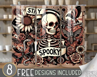 Skull and Flowers 20oz tumbler png, 20 oz Straight Tumbler Wrap Sublimation, Gothic Moth Snake Design File, Trendy Black Goth Cocktail PNG
