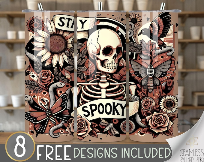 Skull and Flowers 20oz tumbler png, 20 oz Straight Tumbler Wrap Sublimation, Gothic Moth Snake Design File, Trendy Black Goth Cocktail PNG