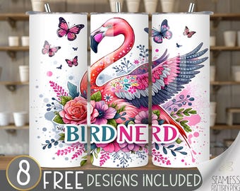Flamingo Bird Nerd Tumbler,Flamingo Sublimation Designs,20 oz Straight Tumbler Sublimation,Bird Tumbler Wrap,Flamingo Lover,Floral Tumbler