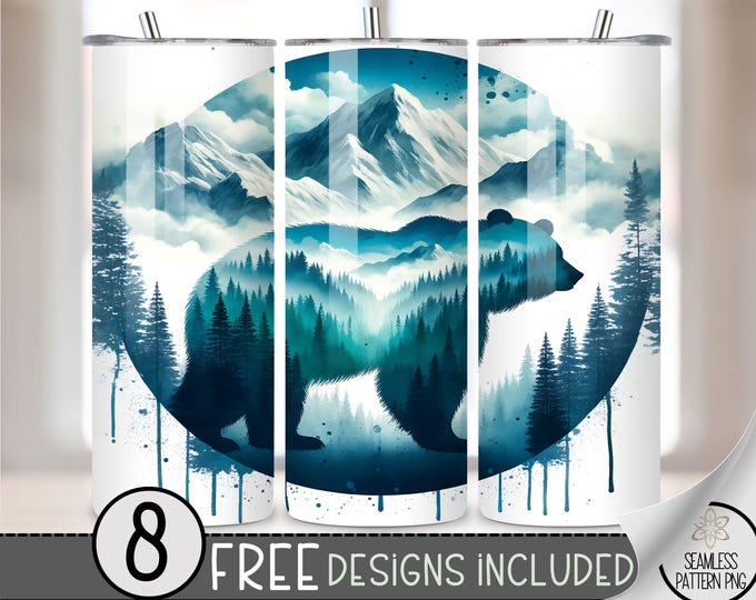 Black Bear Tumbler Wrap PNG, Cute Bear 20oz Skinny Tumbler Sublimation Design, Mama Bear Tumbler Wrap File, Nature Adventure Seamless File