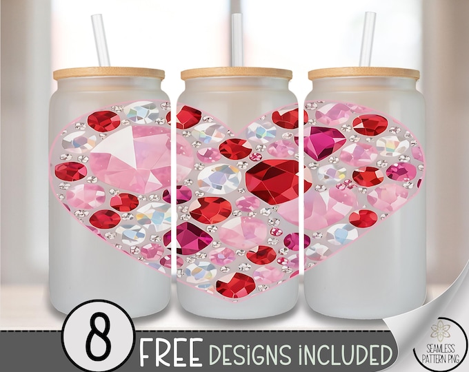 Gemstone Heart Glass Can Wrap PNG, Crystal Design, Digital Download for Sublimation, Lovely Valentine, B787