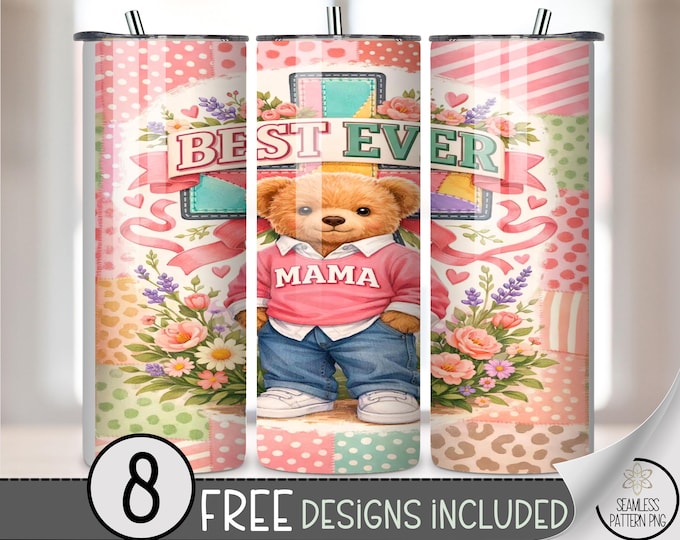Mother's Day Teddy Bear 20 oz Tumbler Wrap, Cute Sublimation Design for Straight Tumblers, Playful PNG Files, Gift Printable B10060