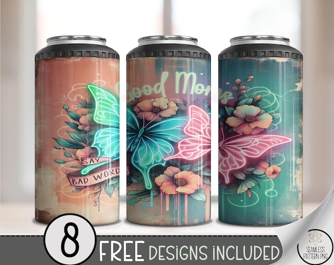 4-in-1 Tumbler Wrap Good Moms Say Bad Word PNG, Neon Butterfly Floral Can Cooler Wrap, Funny Mom Sublimation Design, Retro Grunge Wrap, A398