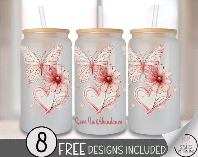 Valentine's Day Butterfly Glass Can Wrap, Heart Romantic 16oz Glass Tumbler Sublimation Design, Digital Download, Love Theme PNG File B837